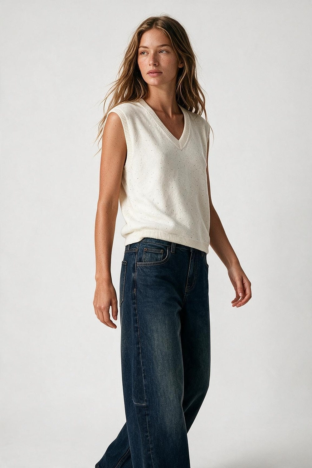 Cream Flecked Fine Knit V Neck Sleeveless Vest with sequin embellished - Tops