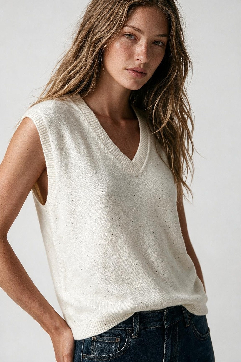Cream Flecked Fine Knit V Neck Sleeveless Vest with sequin embellished - Tops