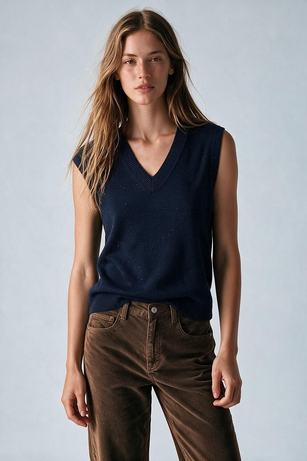 Navy Fine Knit V Neck Rib Trim Vest with sequin embellished - Tops