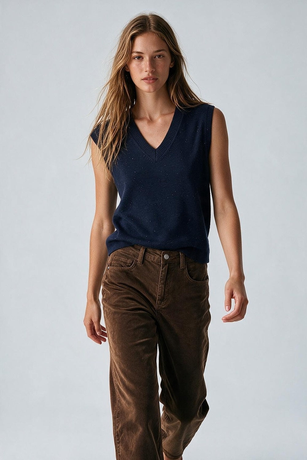Navy Fine Knit V Neck Rib Trim Vest with sequin embellished - Tops
