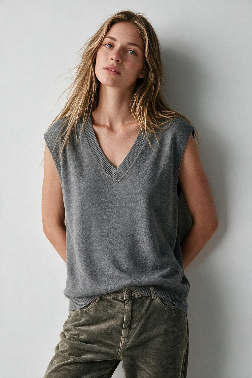 Grey Fine Knit V Neck Ribbed Trim Vest with sequin embellished - Tops