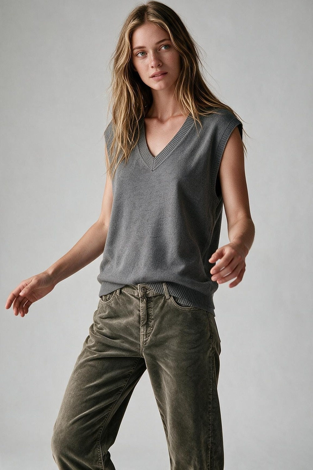 Grey Fine Knit V Neck Ribbed Trim Vest with sequin embellished - Tops