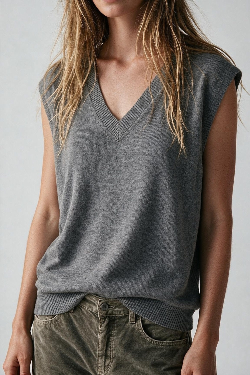 Grey Fine Knit V Neck Ribbed Trim Vest with sequin embellished - Tops
