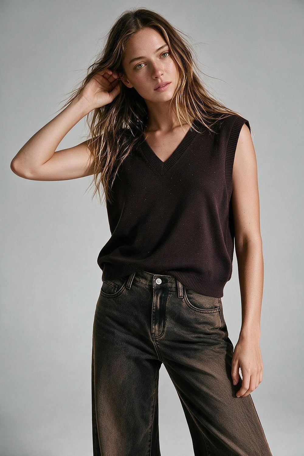 Brown Fine Knit V Neck Ribbed Trim Vest with sequin embellished