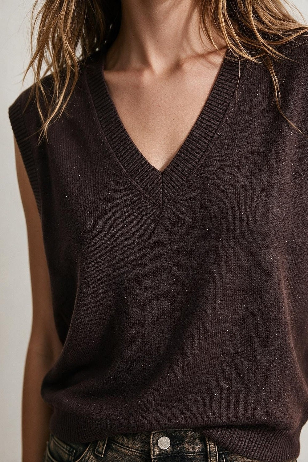Brown Fine Knit V Neck Ribbed Trim Vest with sequin embellished - Tops