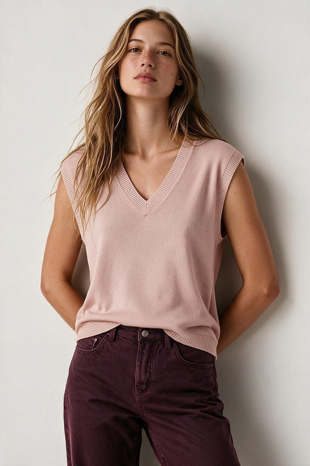 Light Pink Fine Knit V Neck Ribbed Trim Vest with sequin embellished - Tops