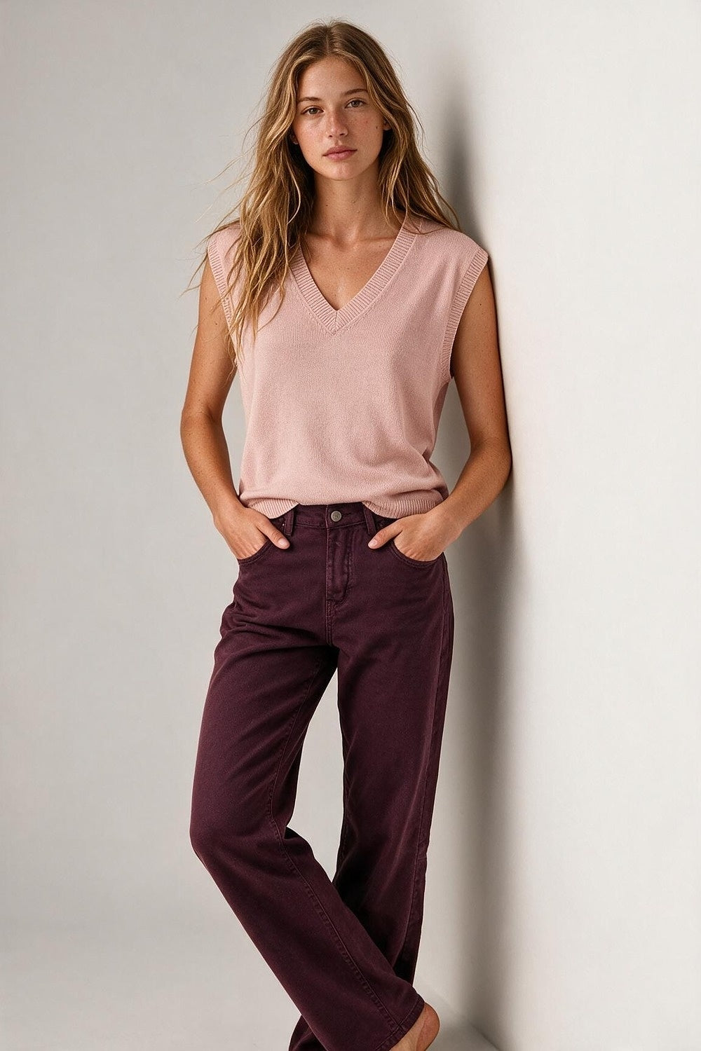 Light Pink Fine Knit V Neck Ribbed Trim Vest with sequin embellished - Tops