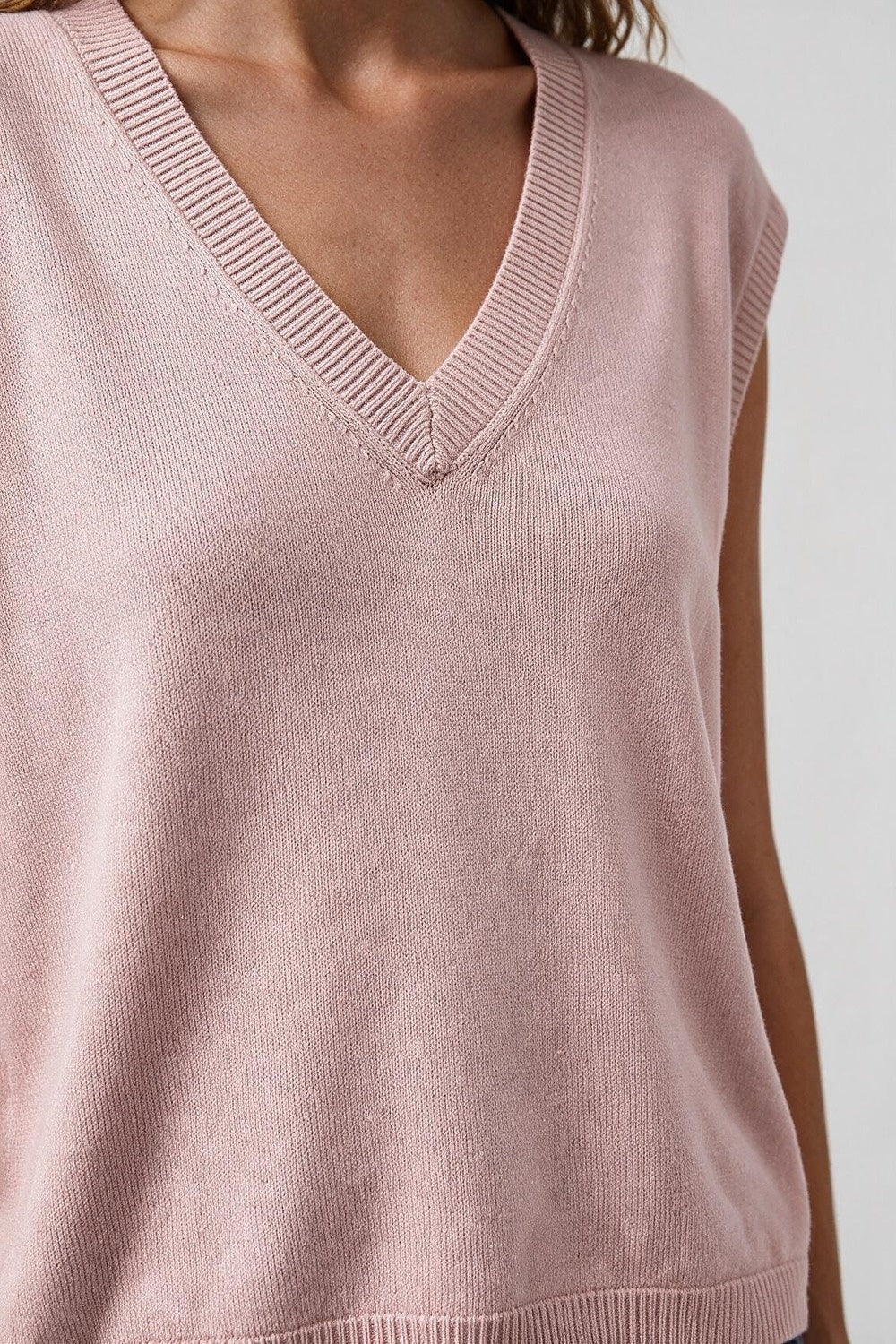 Light Pink Fine Knit V Neck Ribbed Trim Vest with sequin embellished - Tops