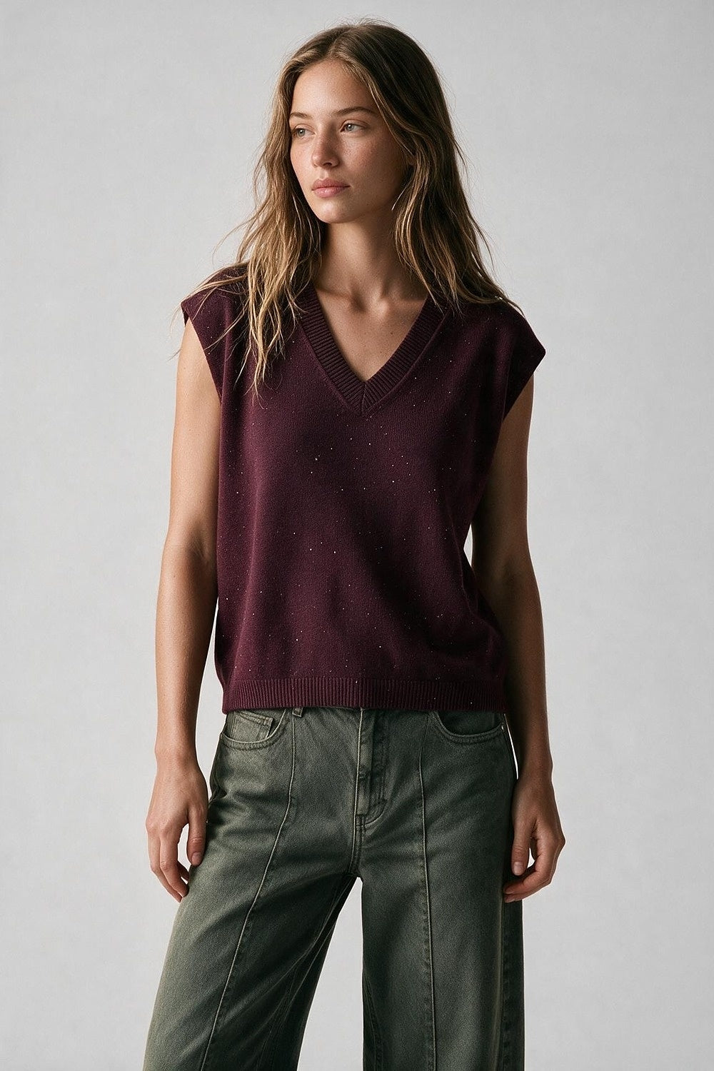 Purple Fine Knit Glitter V Neck Sleeveless Vest with sequin embellished - Tops
