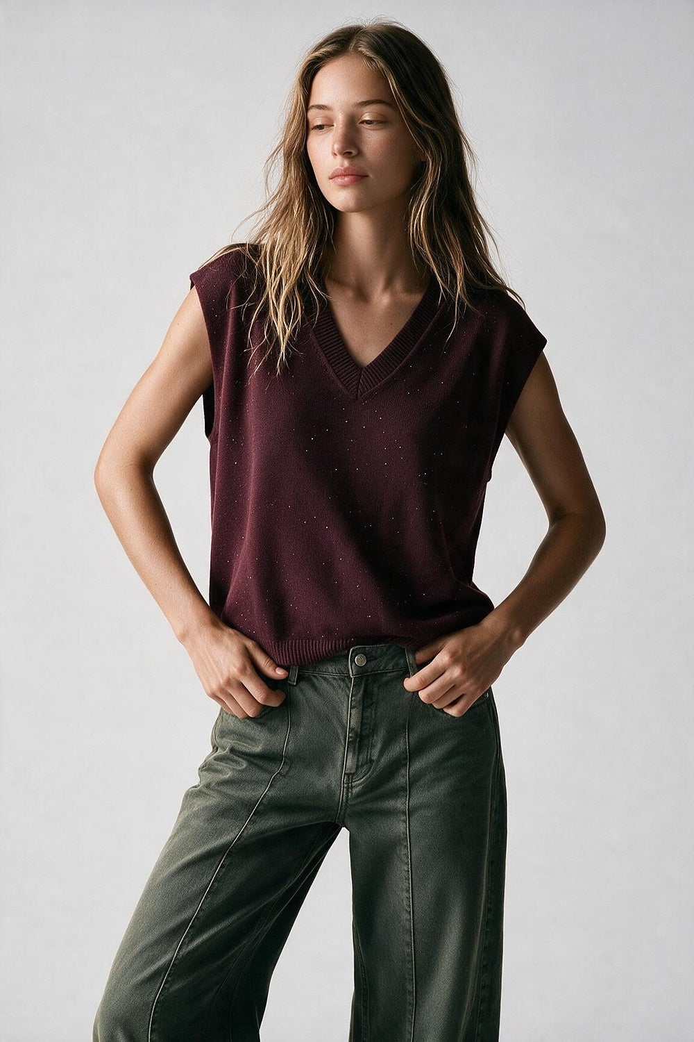 Purple Fine Knit Glitter V Neck Sleeveless Vest with sequin embellished - Tops