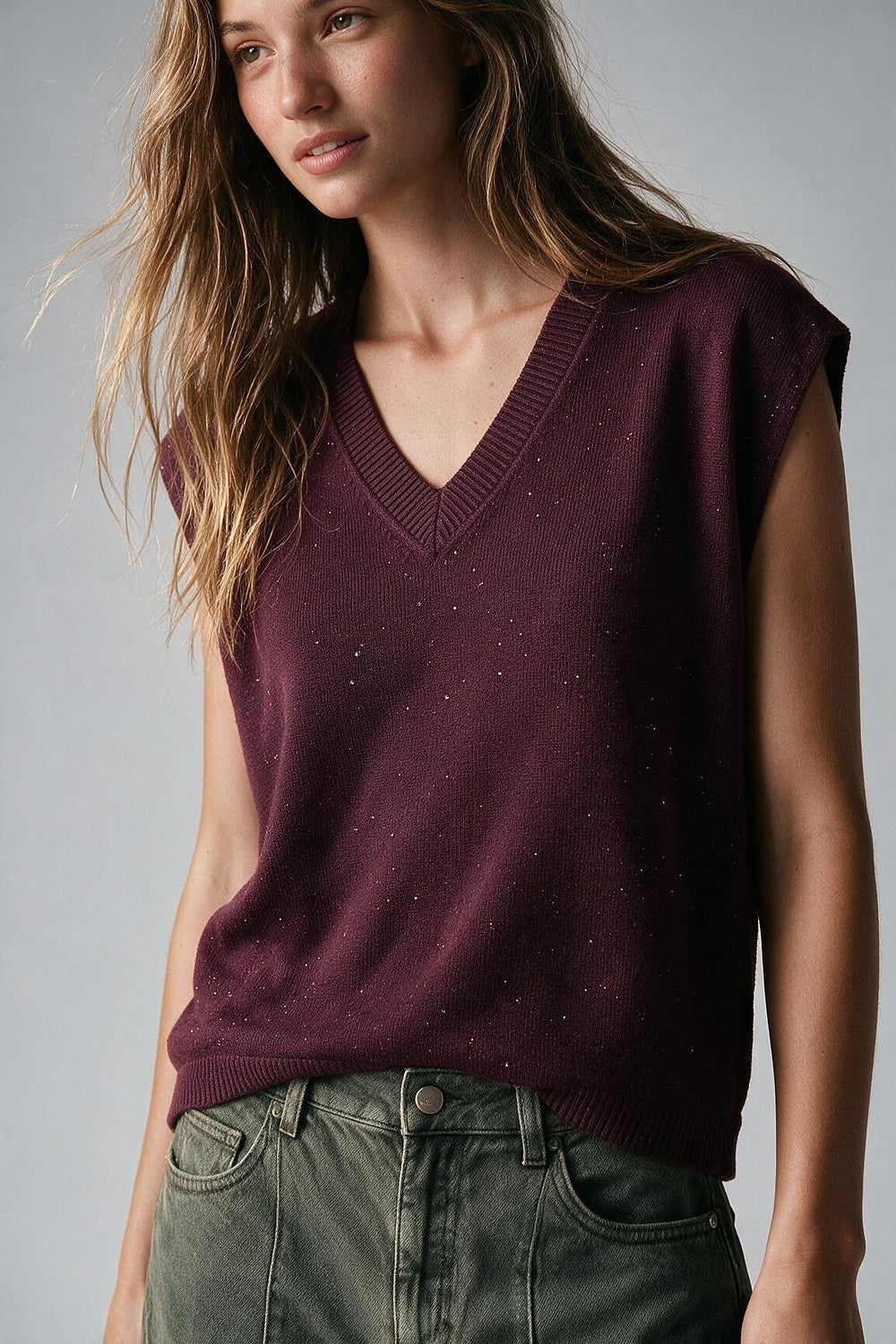 Purple Fine Knit Glitter V Neck Sleeveless Vest with sequin embellished - Tops