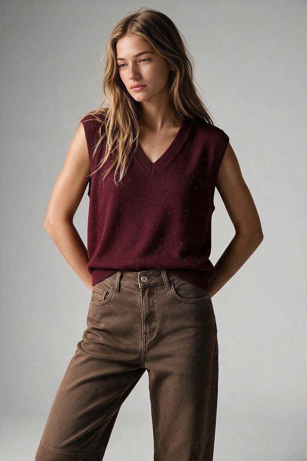 Burgundy Fine Knit V Neck Ribbed Trim Vest with sequin embellished - Tops