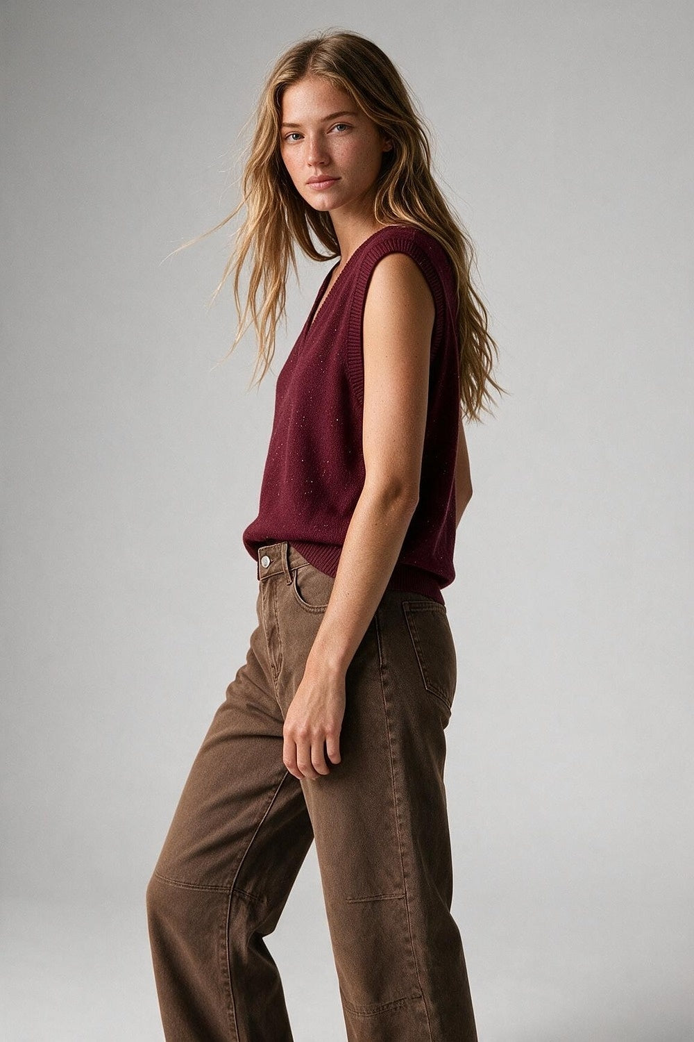 Burgundy Fine Knit V Neck Ribbed Trim Vest with sequin embellished - Tops