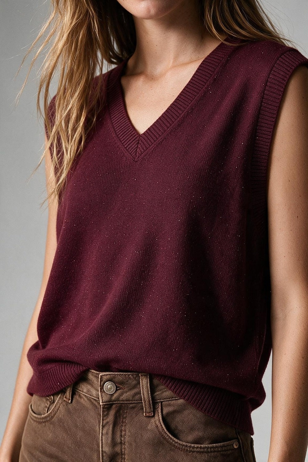 Burgundy Fine Knit V Neck Ribbed Trim Vest with sequin embellished - Tops