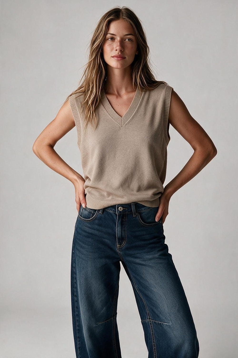 fango Soft Knit V Neck Ribbed Trim Vest with sequin embellished - Tops