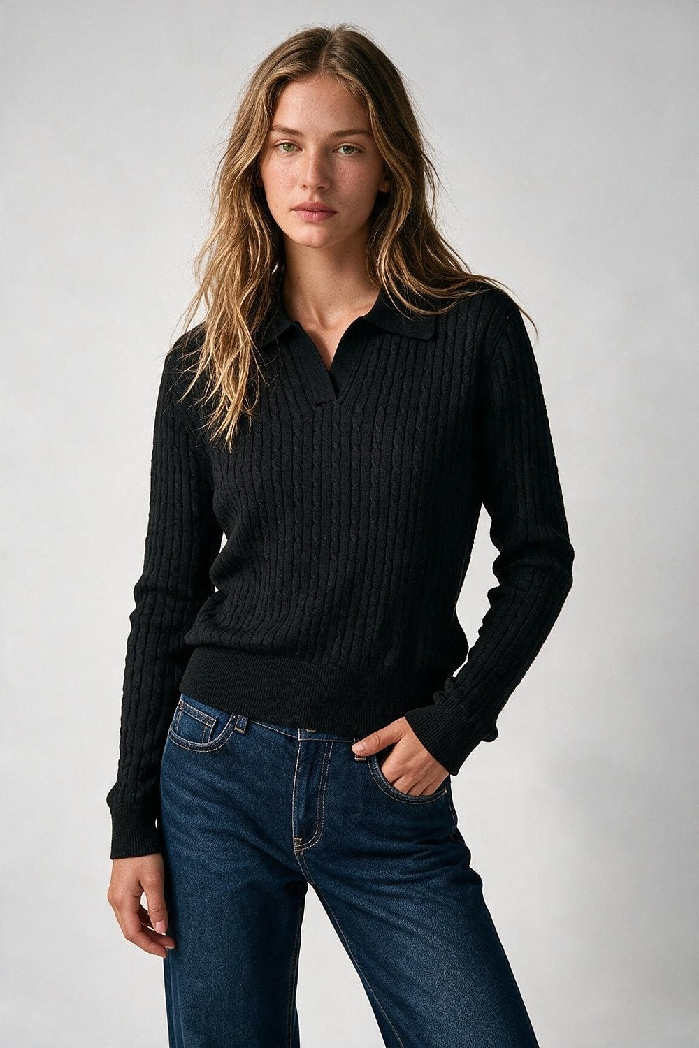 Black Merino Wool Blend Cable Knit Polo Collar Ribbed Trim Sweater