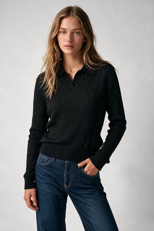 Black Merino Wool Blend Cable Knit Polo Collar Ribbed Trim Sweater - Polos
