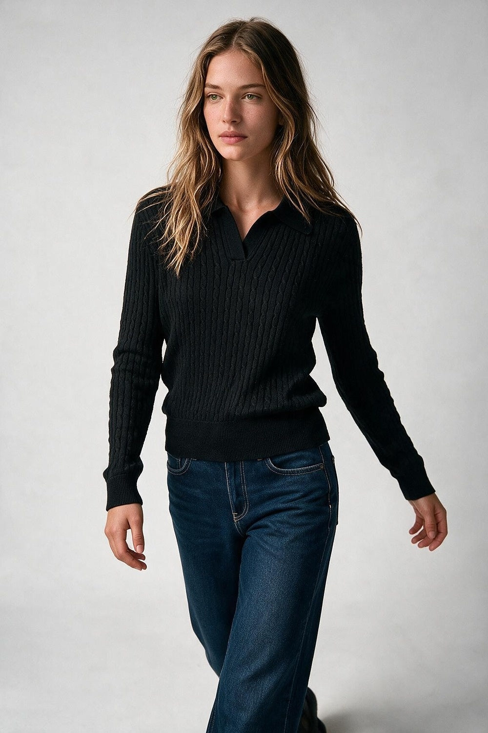 Black Merino Wool Blend Cable Knit Polo Collar Ribbed Trim Sweater - Polos
