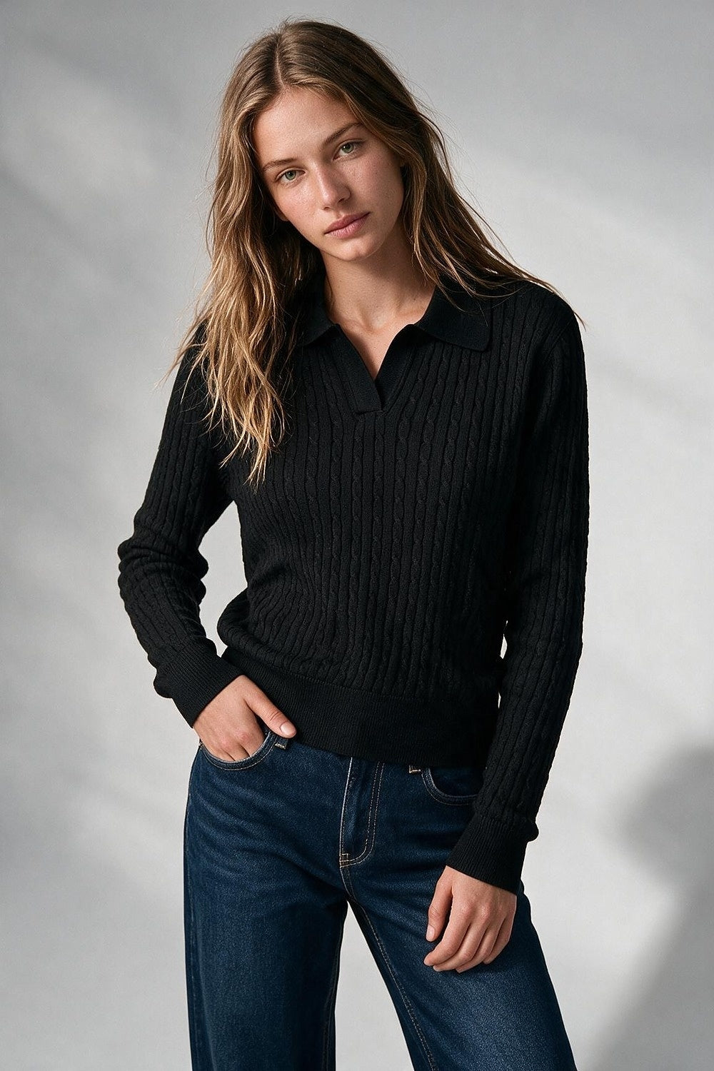 Black Merino Wool Blend Cable Knit Polo Collar Ribbed Trim Sweater - Polos