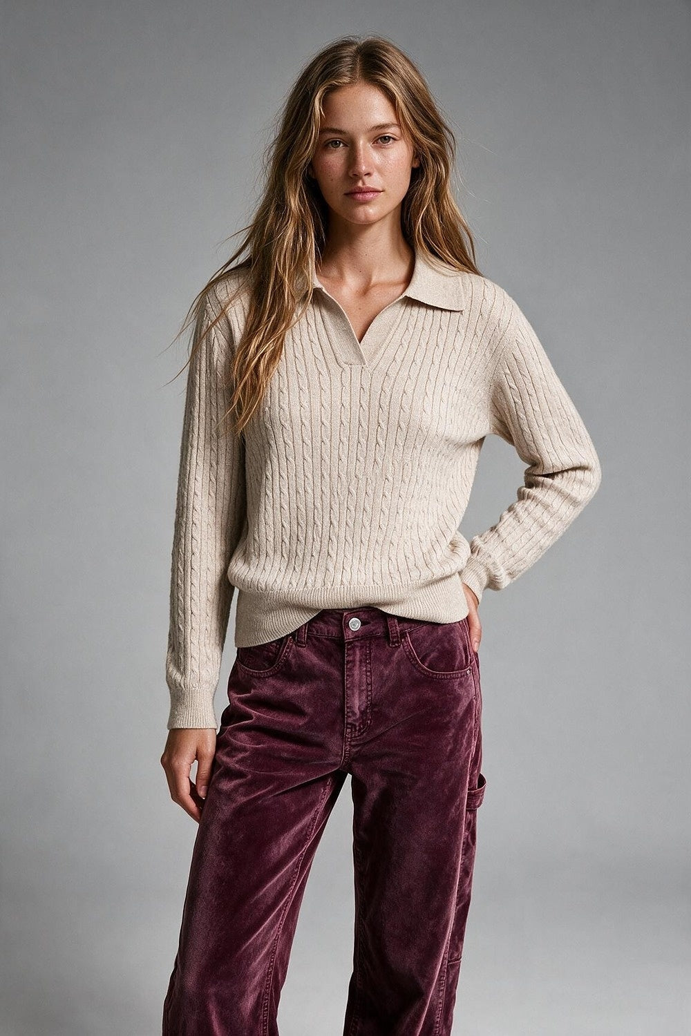 Beige Merino Wool Blend Cable Knit Polo Collar V Neck Long Sleeve Sweater - Polos