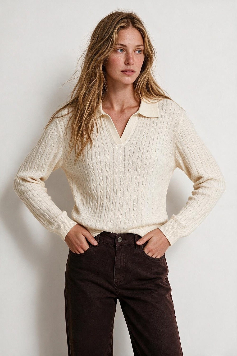 Cream Merino Wool Blend Cable Knit Polo Collar Ribbed Trim Sweater