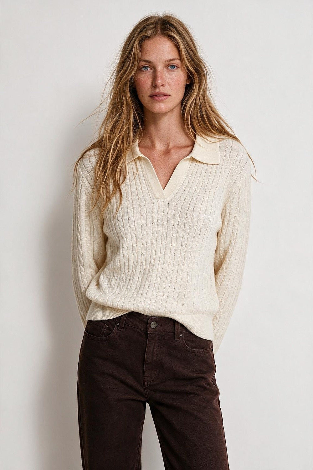 Cream Merino Wool Blend Cable Knit Polo Collar Ribbed Trim Sweater - Polos