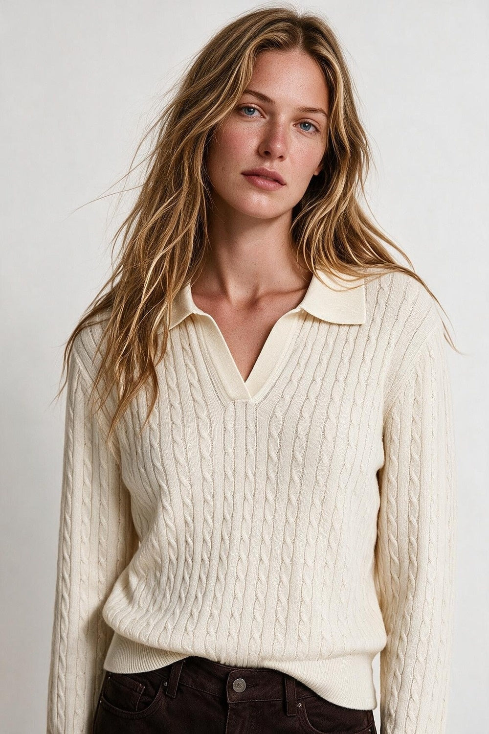 Cream Merino Wool Blend Cable Knit Polo Collar Ribbed Trim Sweater - Polos