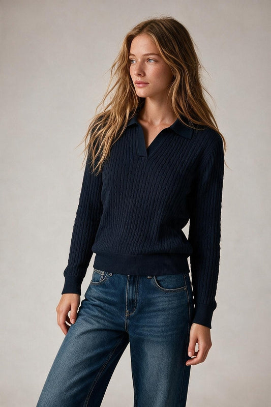 Navy Merino Wool Blend Ribbed Knit Polo Collar V Neck Sweater - Polos