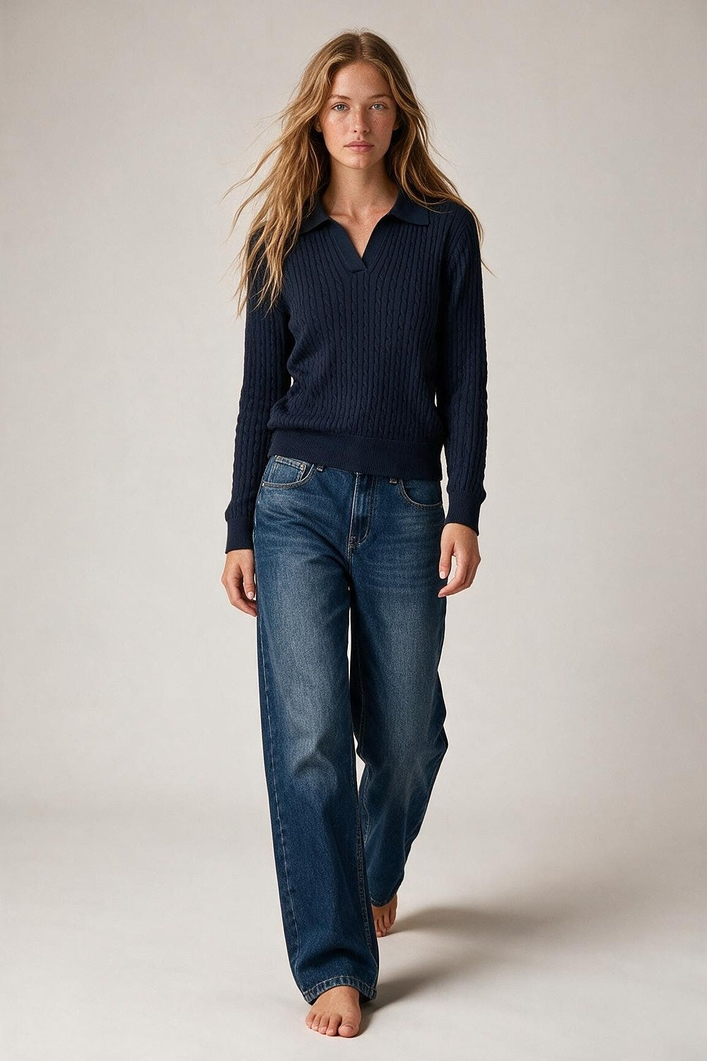 Navy Merino Wool Blend Ribbed Knit Polo Collar V Neck Sweater - Polos