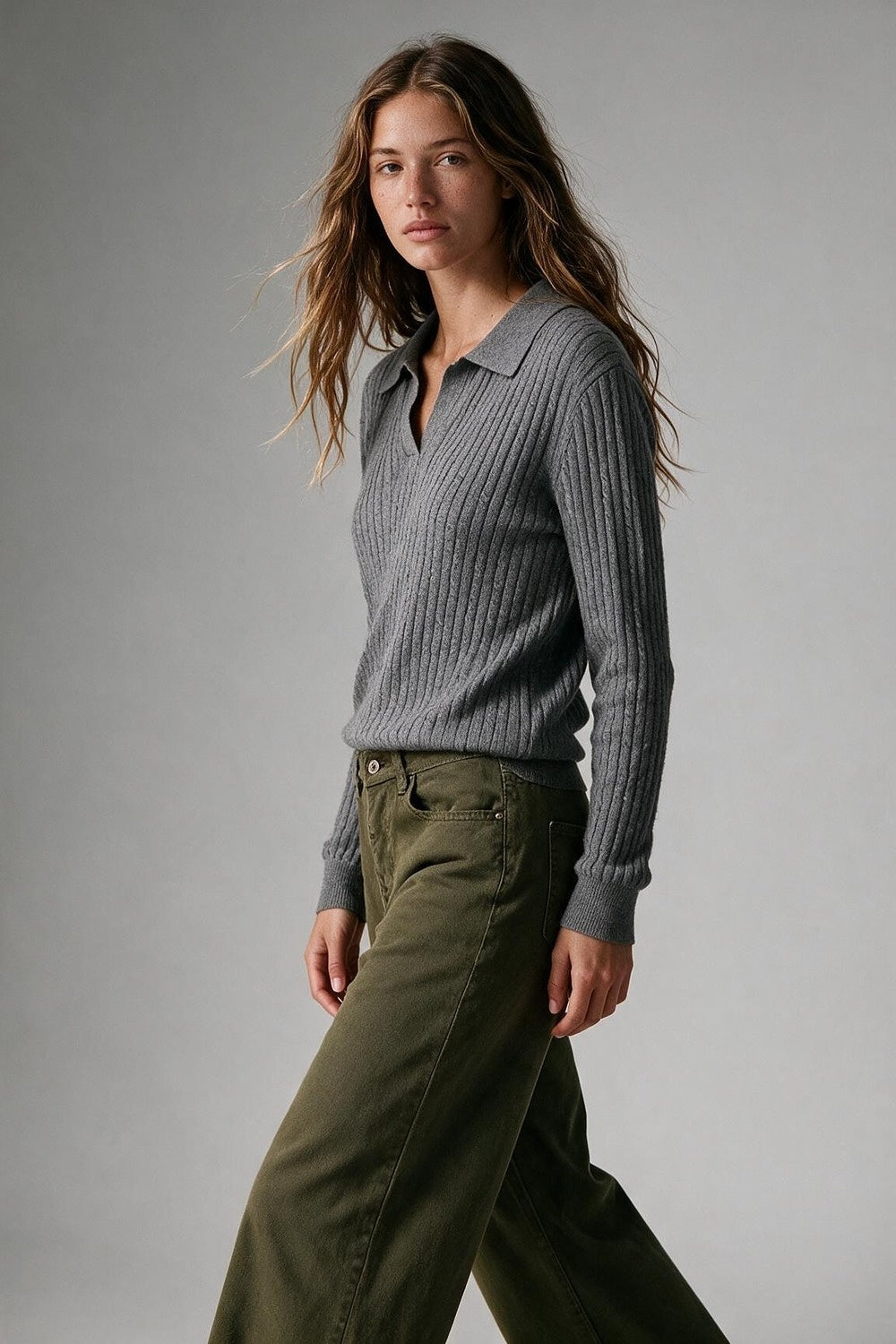 Grey Merino Wool Blend Ribbed Knit Polo Collar Open Placket Sweater - Polos