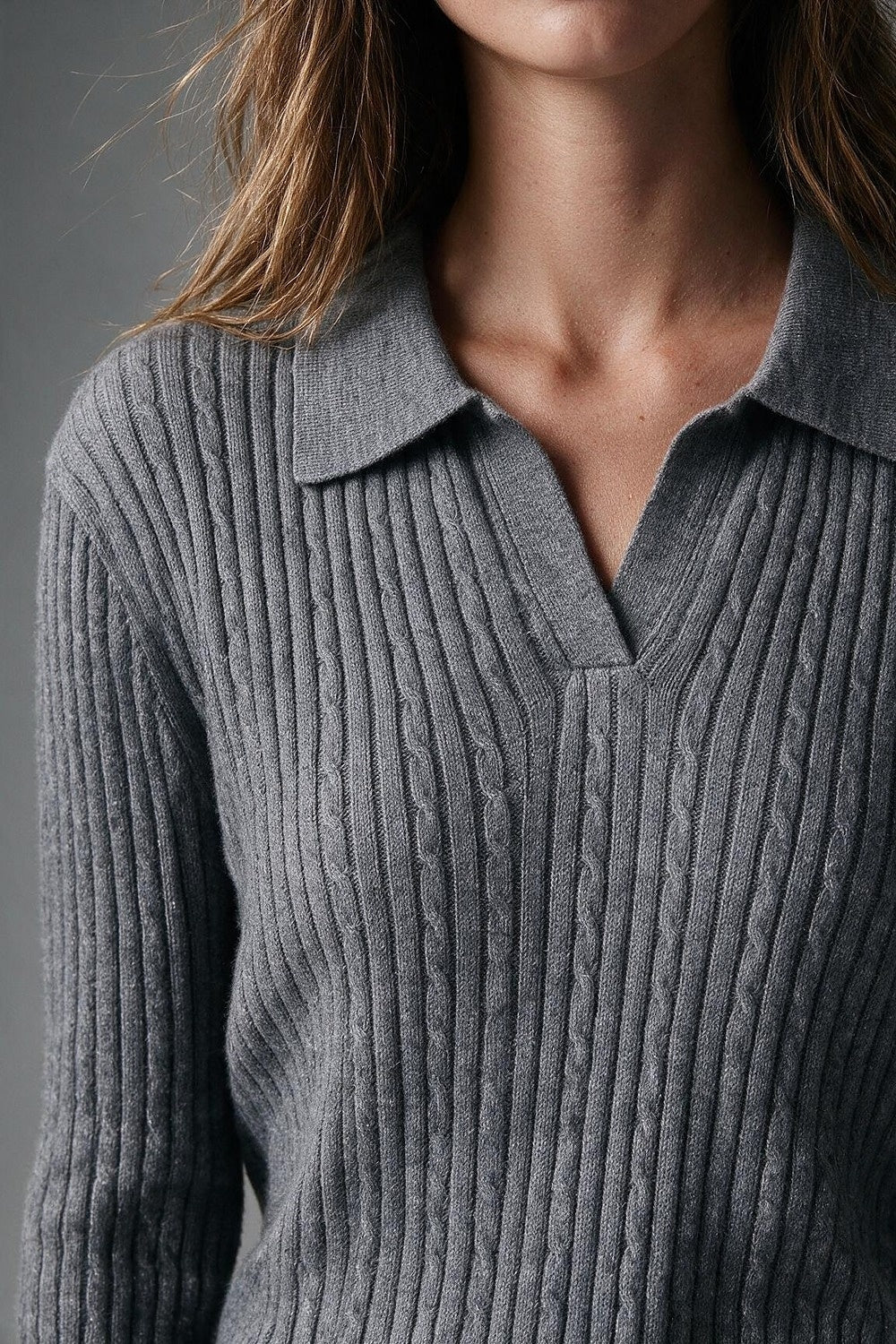 Grey Merino Wool Blend Ribbed Knit Polo Collar Open Placket Sweater - Polos