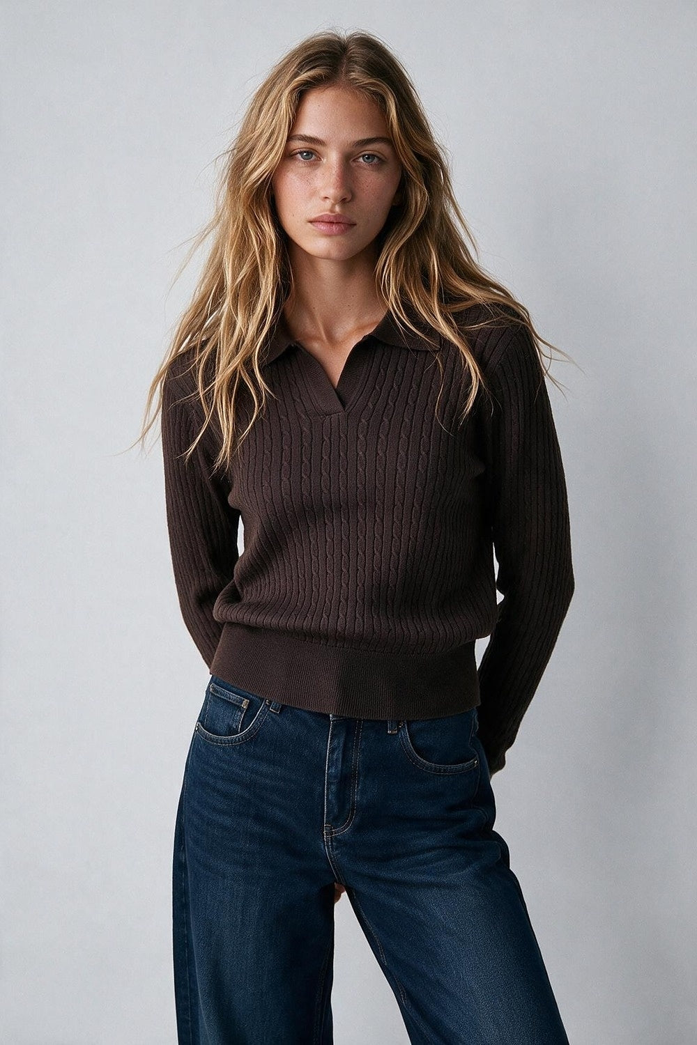 brown Merino Wool Blend Cable Knit Polo Collar Ribbed Trim Sweater - Polos