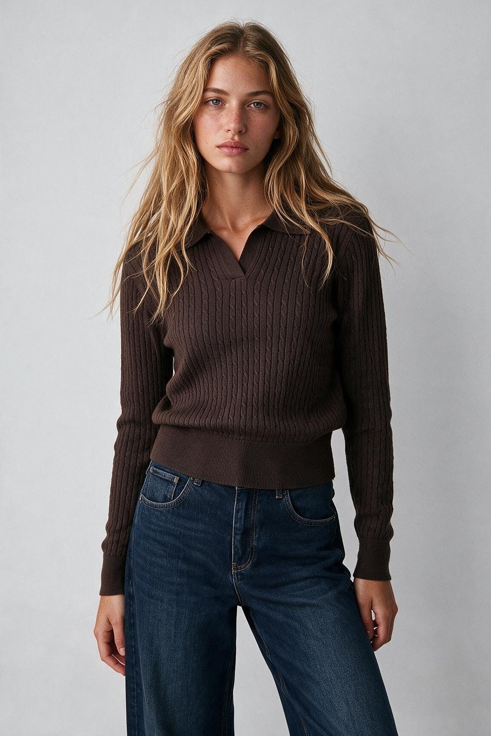 brown Merino Wool Blend Cable Knit Polo Collar Ribbed Trim Sweater - Polos
