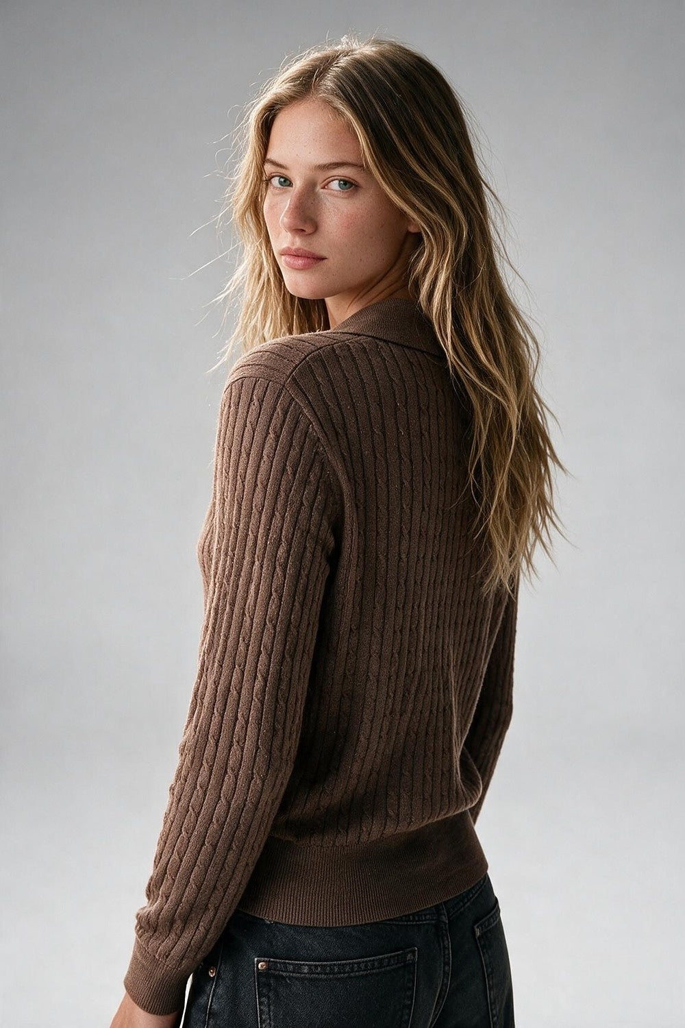 Camel Merino Wool Blend Ribbed Cable Knit Open Polo Collar Sweater - Polos