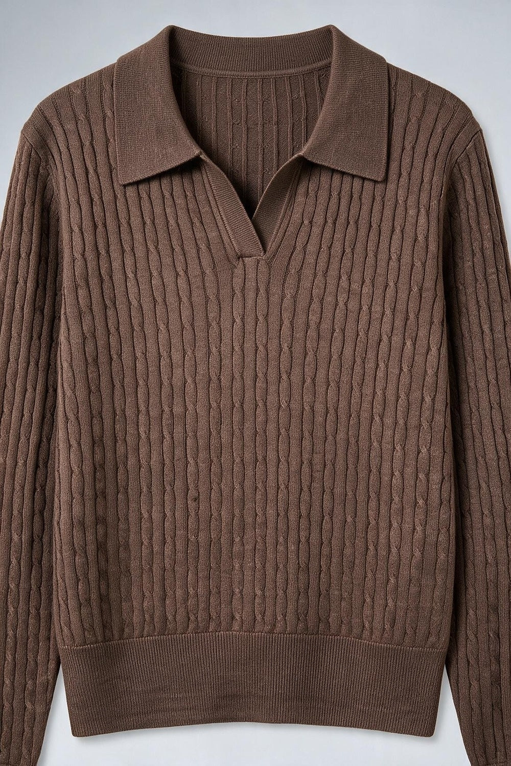 Camel Merino Wool Blend Ribbed Cable Knit Open Polo Collar Sweater - Polos