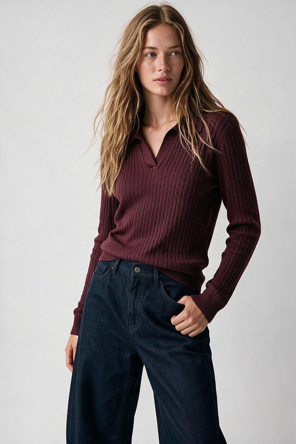 Purple Merino Wool Blend Cable Knit Polo Collar V Neck Sweater - Polos
