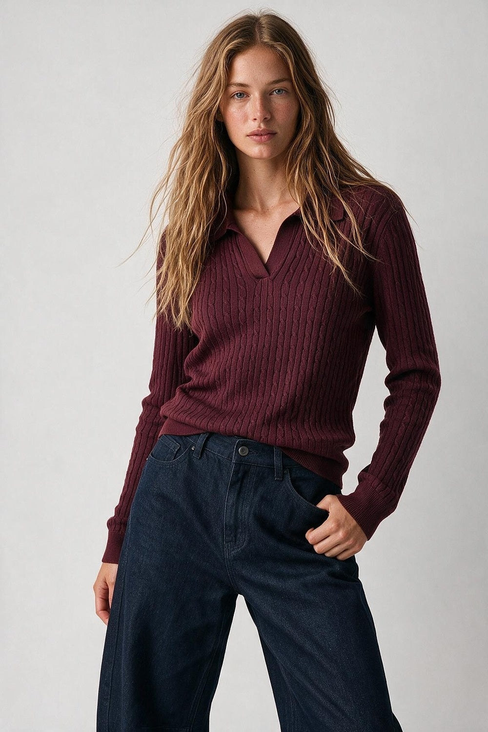 Purple Merino Wool Blend Cable Knit Polo Collar V Neck Sweater - Polos