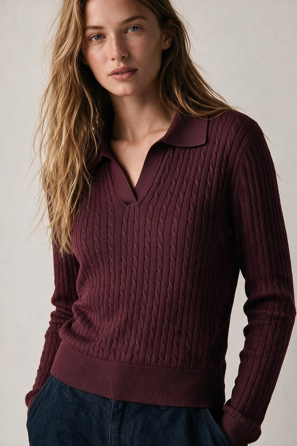 Purple Merino Wool Blend Cable Knit Polo Collar V Neck Sweater - Polos
