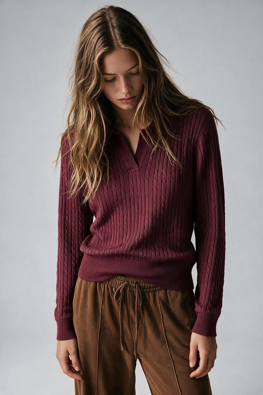 Burgundy Merino Wool Blend Cable Knit Polo Collar Ribbed Hem Sweater - Polos