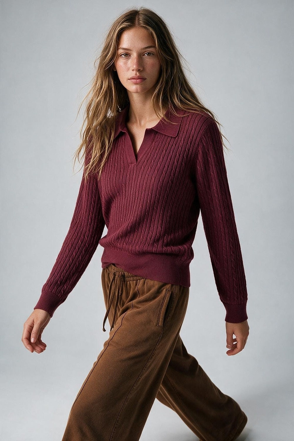Burgundy Merino Wool Blend Cable Knit Polo Collar Ribbed Hem Sweater - Polos