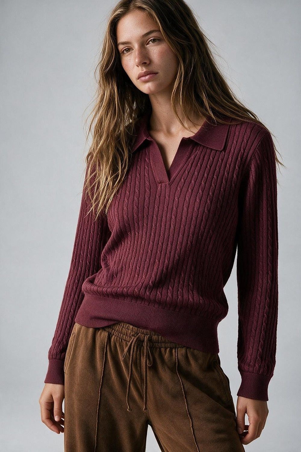 Burgundy Merino Wool Blend Cable Knit Polo Collar Ribbed Hem Sweater - Polos