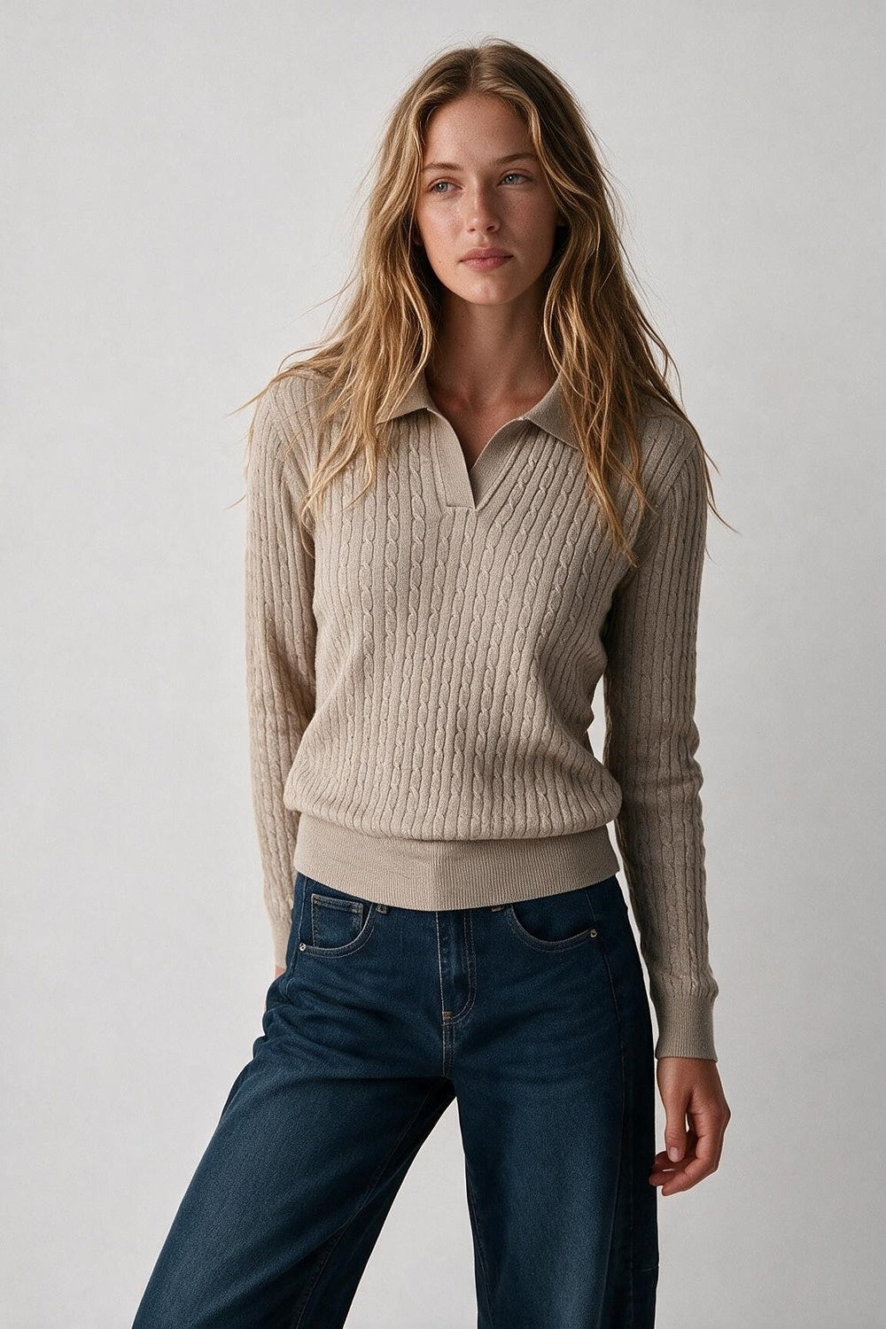 Fango Merino Wool Blend Cable Knit Open Polo Collar Ribbed Trim Sweater - Polos