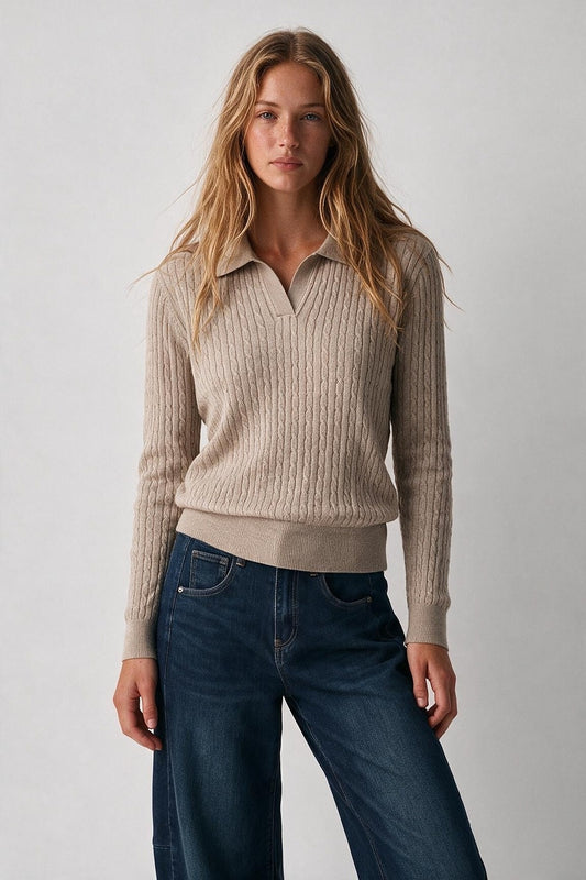 Fango Merino Wool Blend Cable Knit Open Polo Collar Ribbed Trim Sweater - Polos