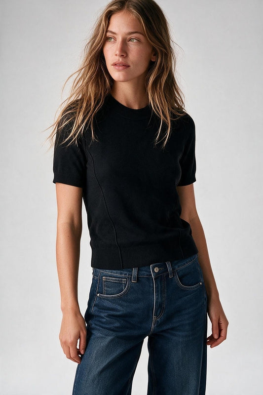 Black Merino Wool Blend Fine Knit Short Sleeve Sweater - Jumpers