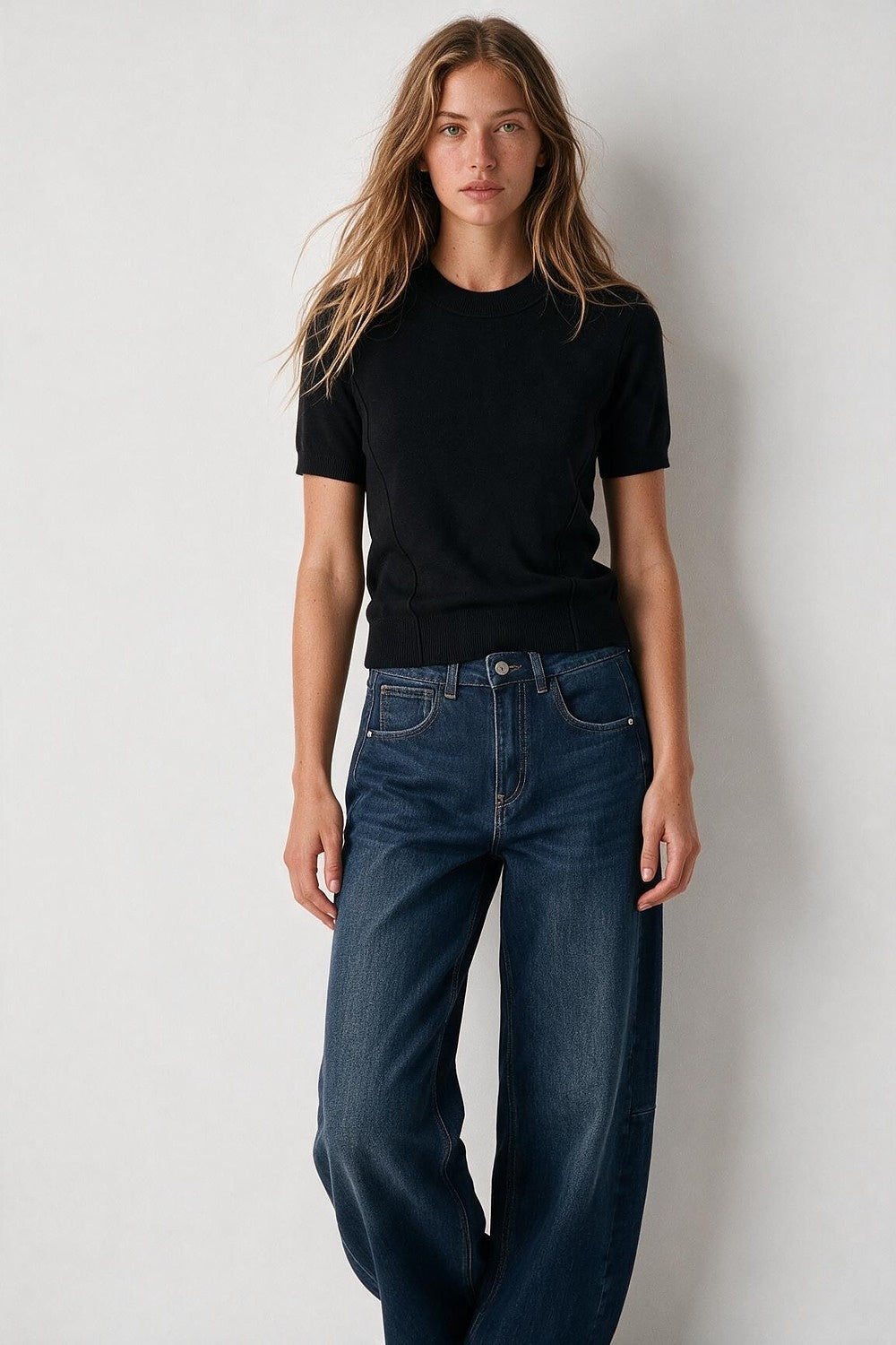 Black Merino Wool Blend Fine Knit Short Sleeve Sweater - Jumpers