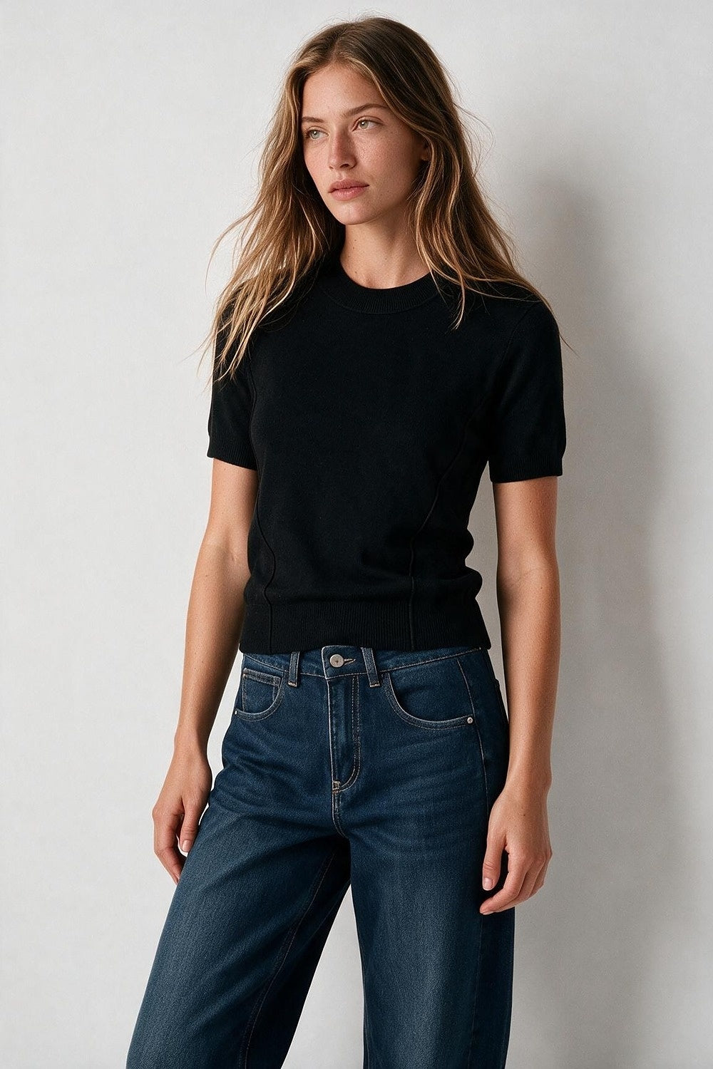 Black Merino Wool Blend Fine Knit Short Sleeve Sweater - Jumpers