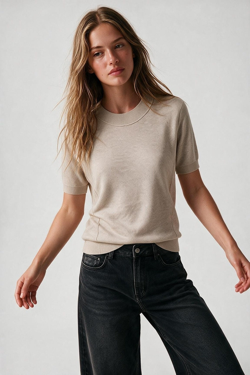 Beige Merino Wool Blend Fine Knit Ribbed Short Sleeve sweater