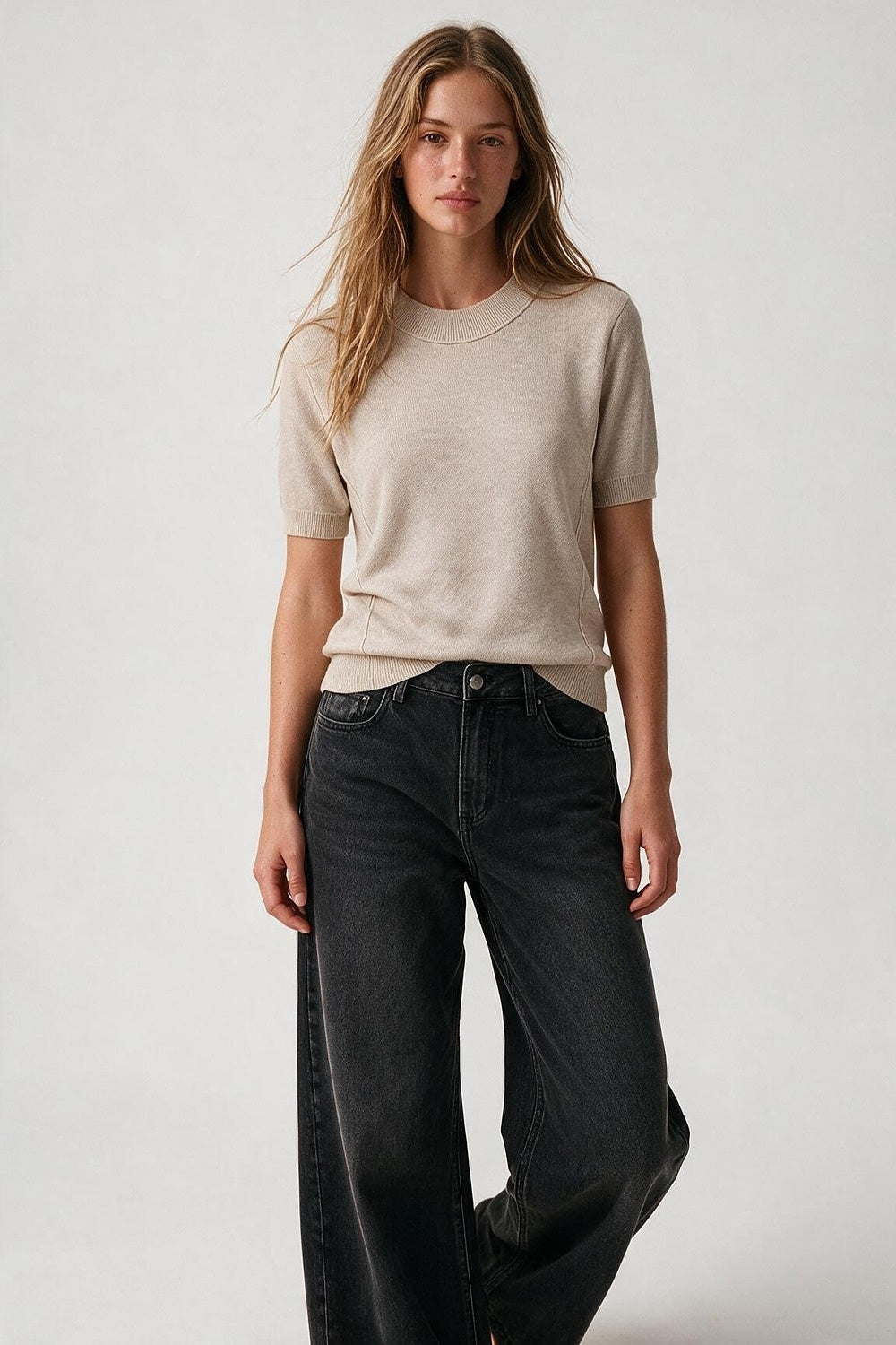 Beige Merino Wool Blend Fine Knit Ribbed Short Sleeve sweater - Jumpers