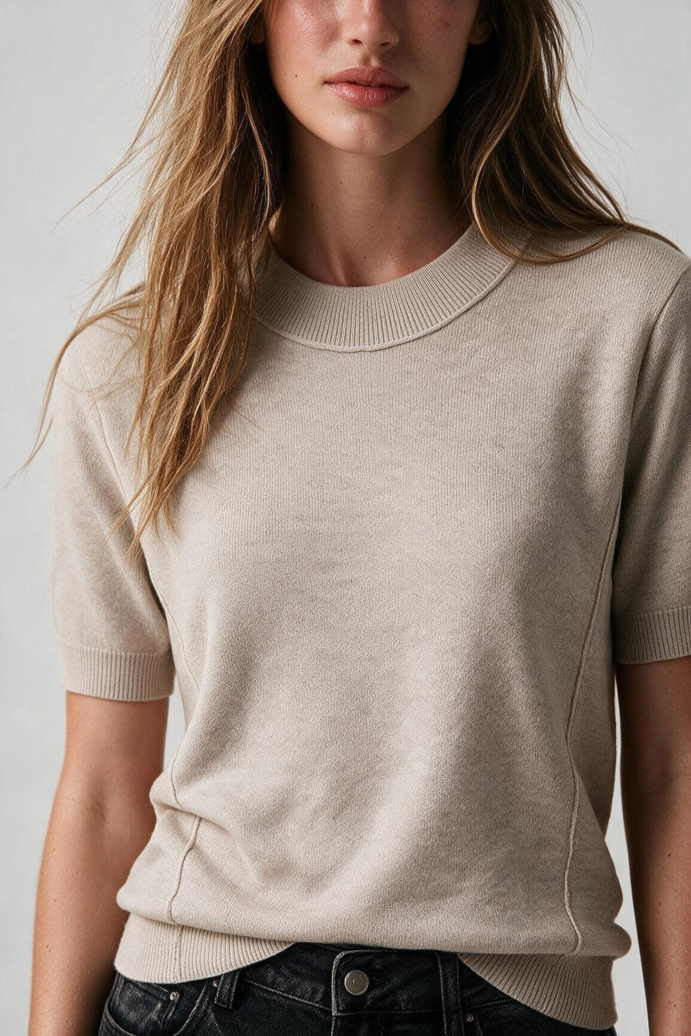 Beige Merino Wool Blend Fine Knit Ribbed Short Sleeve sweater - Jumpers