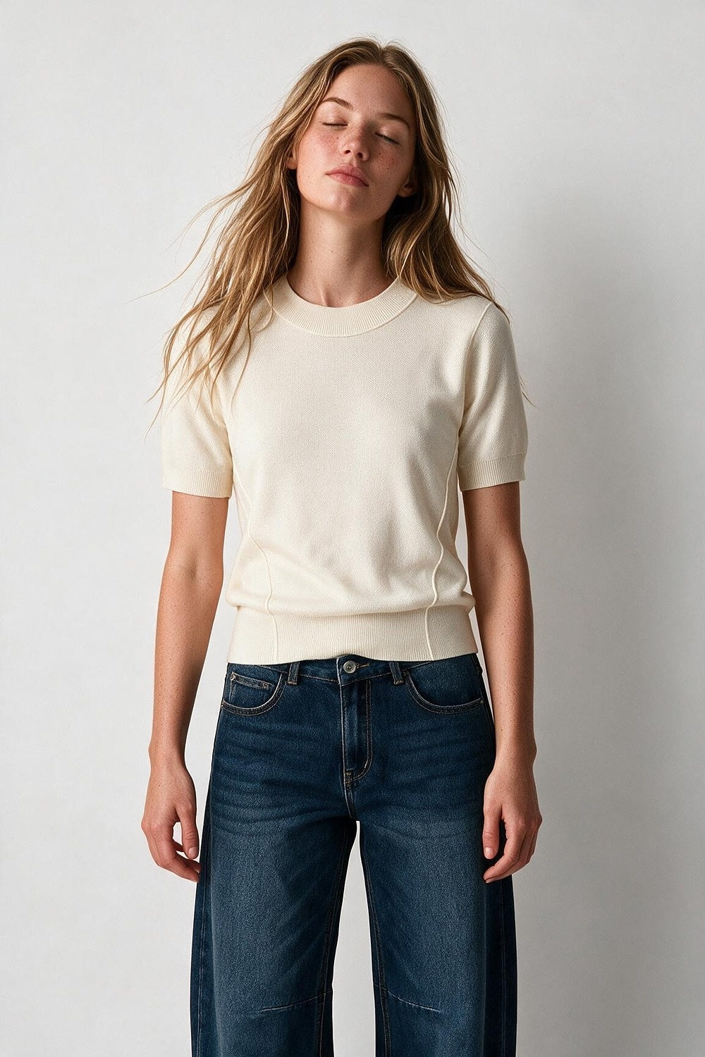 Cream Merino Wool Blend Fine Knit Ribbed Short Sleeve sweater - Jumpers